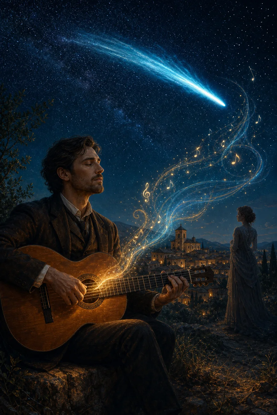 Paul Bernard toca la guitarra bajo el paso luminoso del cometa Halley